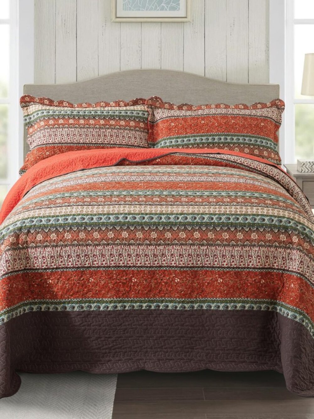 Cotton Bedspread Quilt Sets - Reversible Patchwork Coverlet Set, Red Striped